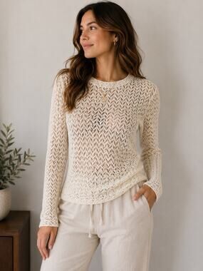 Le Lis Blanc Cream Open Knit Top Medium Long Sleeve Crochet Boho Coastal